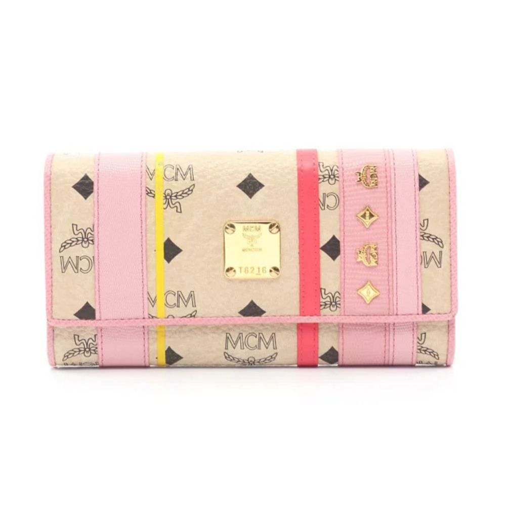 MCM Visetos Bi fold Long Wallet Leather Beige Pink